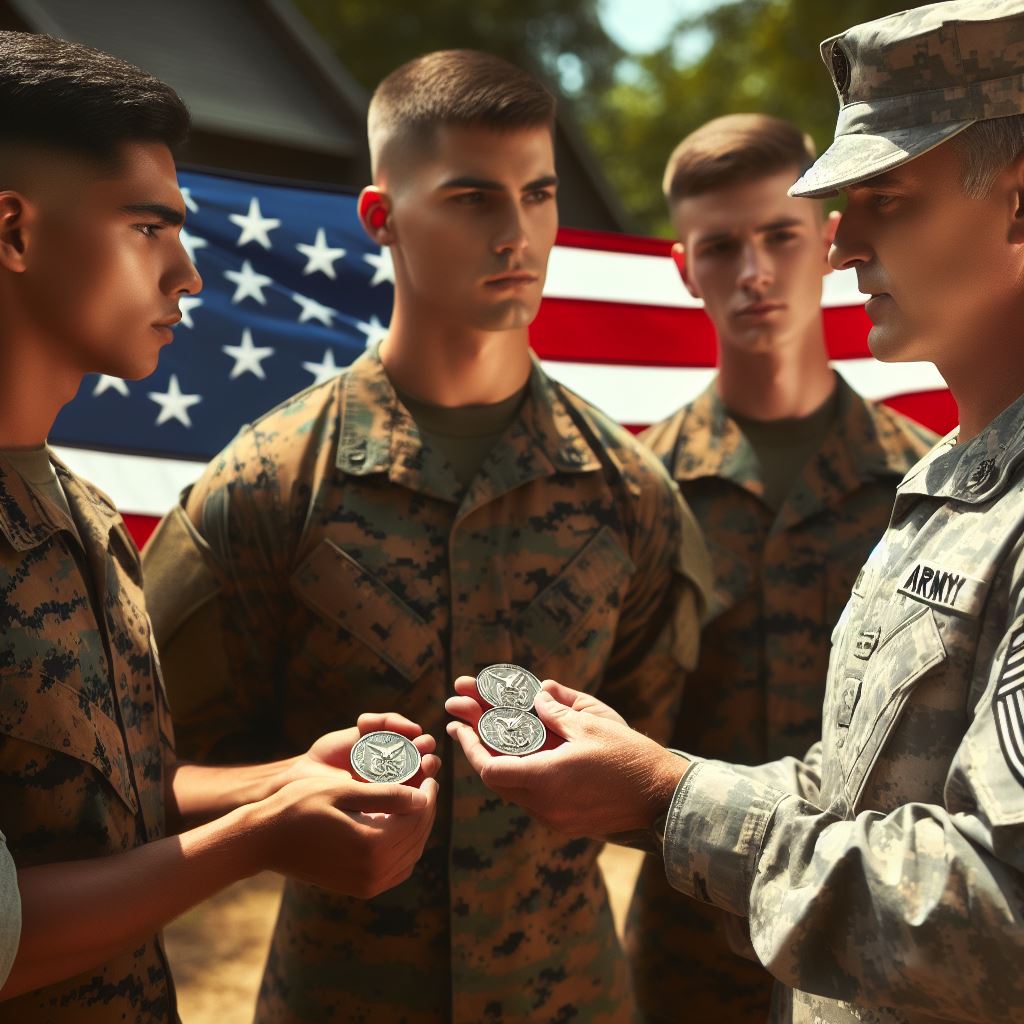 Marines listening to a CSM while receiving his challenge coin