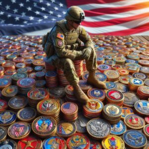 Soldier sitting atop his challenge coin collection