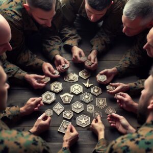 Marines looking at odd shaped challenge coins